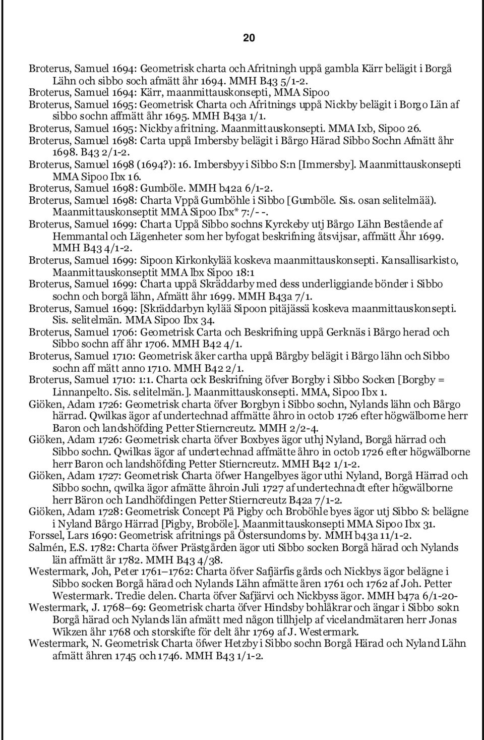 Broterus, Samuel 1695: Nickby afritning. Maanmittauskonsepti. MMA Ixb, Sipoo 26. Broterus, Samuel 1698: Carta uppå Imbersby belägit i Bårgo Härad Sibbo Sochn Afmätt åhr 1698. B43 2/1-2.