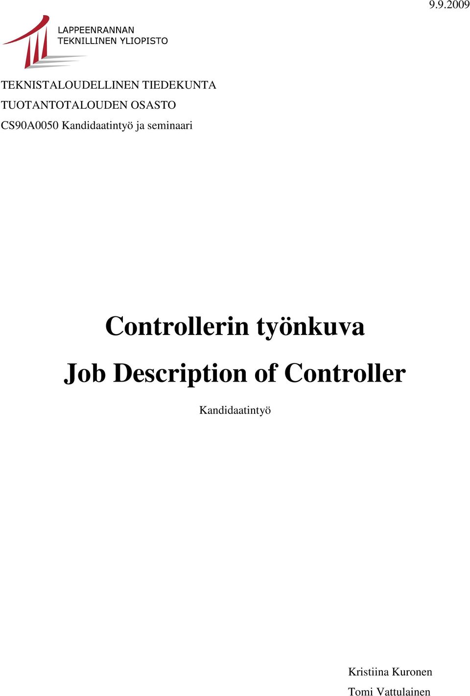 ja seminaari Controllerin työnkuva Job Description