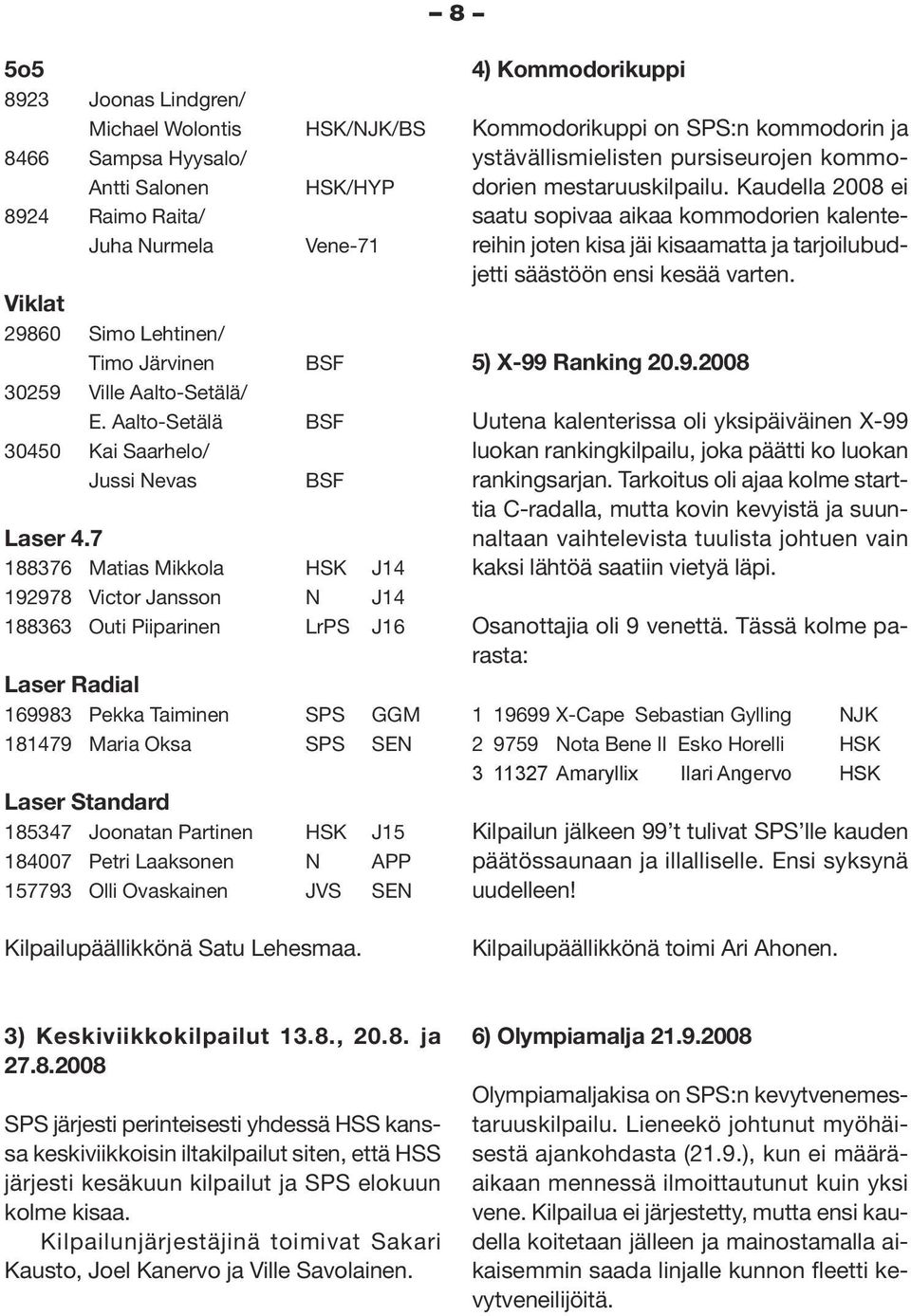 7 188376 Matias Mikkola HSK J14 192978 Victor Jansson N J14 188363 Outi Piiparinen LrPS J16 Laser Radial 169983 Pekka Taiminen SPS GGM 181479 Maria Oksa SPS SEN Laser Standard 185347 Joonatan