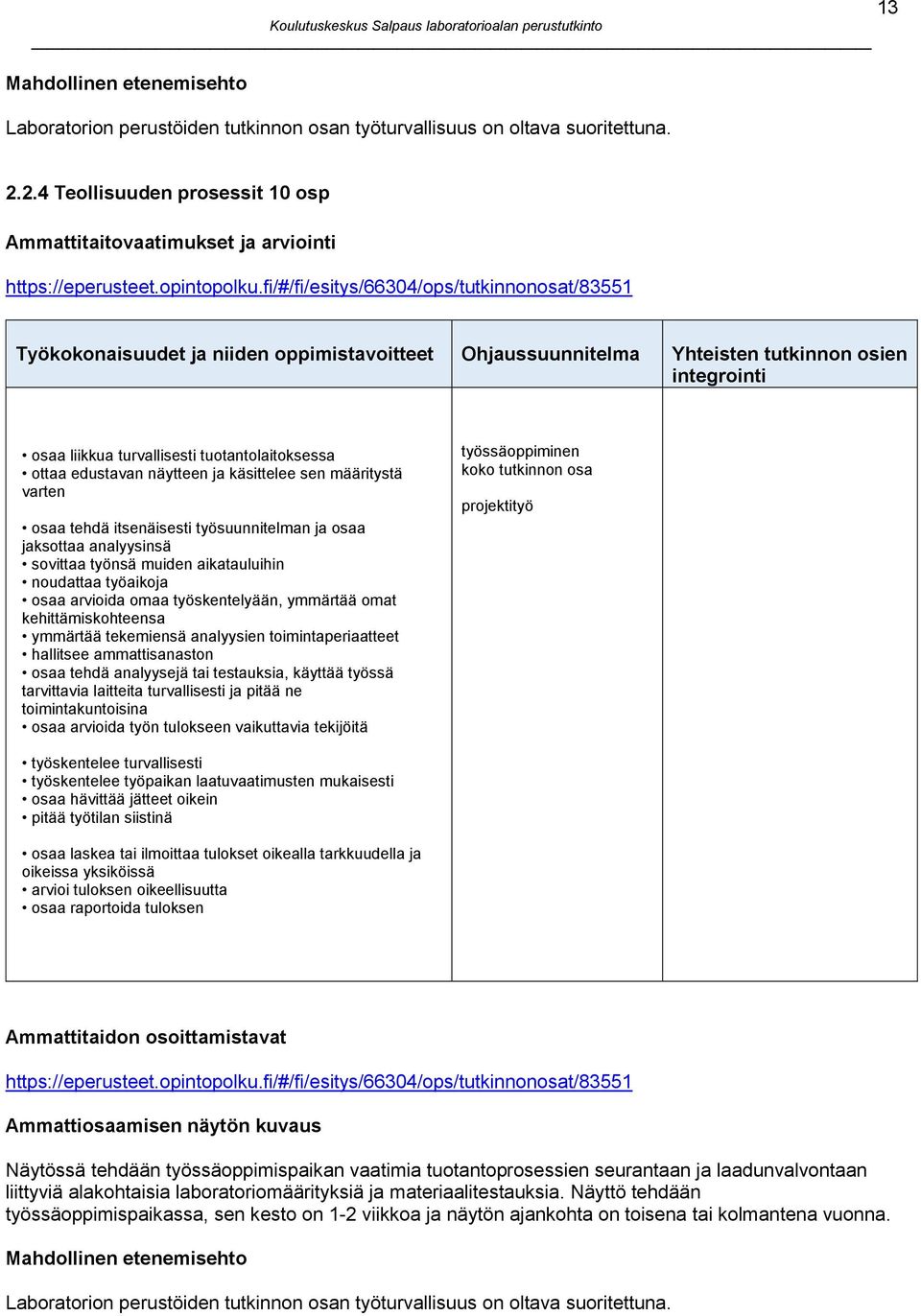 fi/#/fi/esitys/66304/ops/tutkinnonosat/83551 Työkokonaisuudet ja niiden oppimistavoitteet Yhteisten tutkinnon osien integrointi osaa liikkua turvallisesti tuotantolaitoksessa ottaa edustavan näytteen