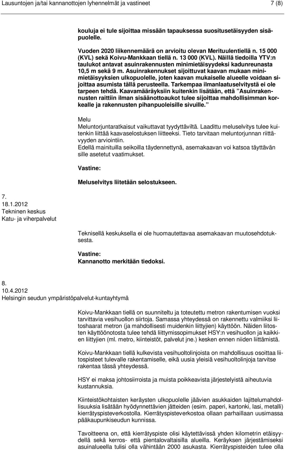 Näillä tiedoilla YTV:n taulukot antavat asuinrakennusten minimietäisyydeksi kadunreunasta 10,5 m sekä 9 m.