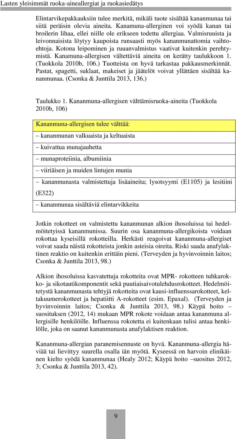 Kotona leipominen ja ruuanvalmistus vaativat kuitenkin perehtymistä. Kanamuna-allergisen vältettäviä aineita on kerätty taulukkoon 1. (Tuokkola 2010b, 106.