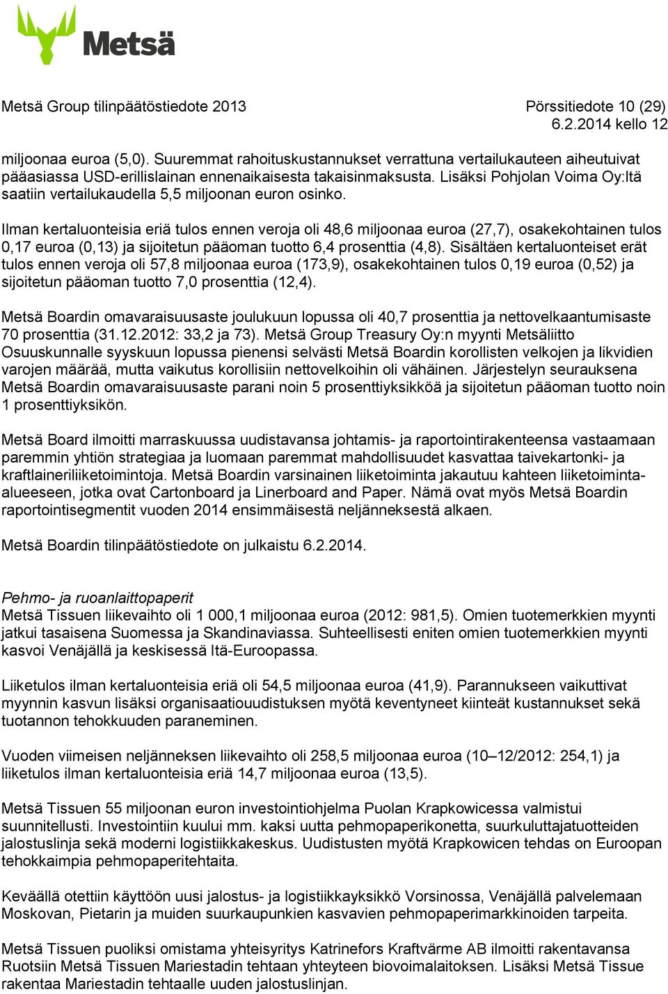 Lisäksi Pohjolan Voima Oy:ltä saatiin vertailukaudella 5,5 miljoonan euron osinko.