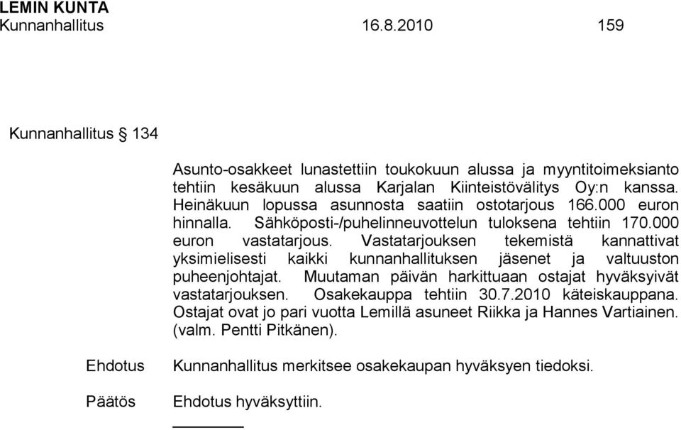 Vastatarjouksen tekemistä kannattivat yksimielisesti kaikki kunnanhallituksen jäsenet ja valtuuston puheenjohtajat. Muutaman päivän harkittuaan ostajat hyväksyivät vastatarjouksen.