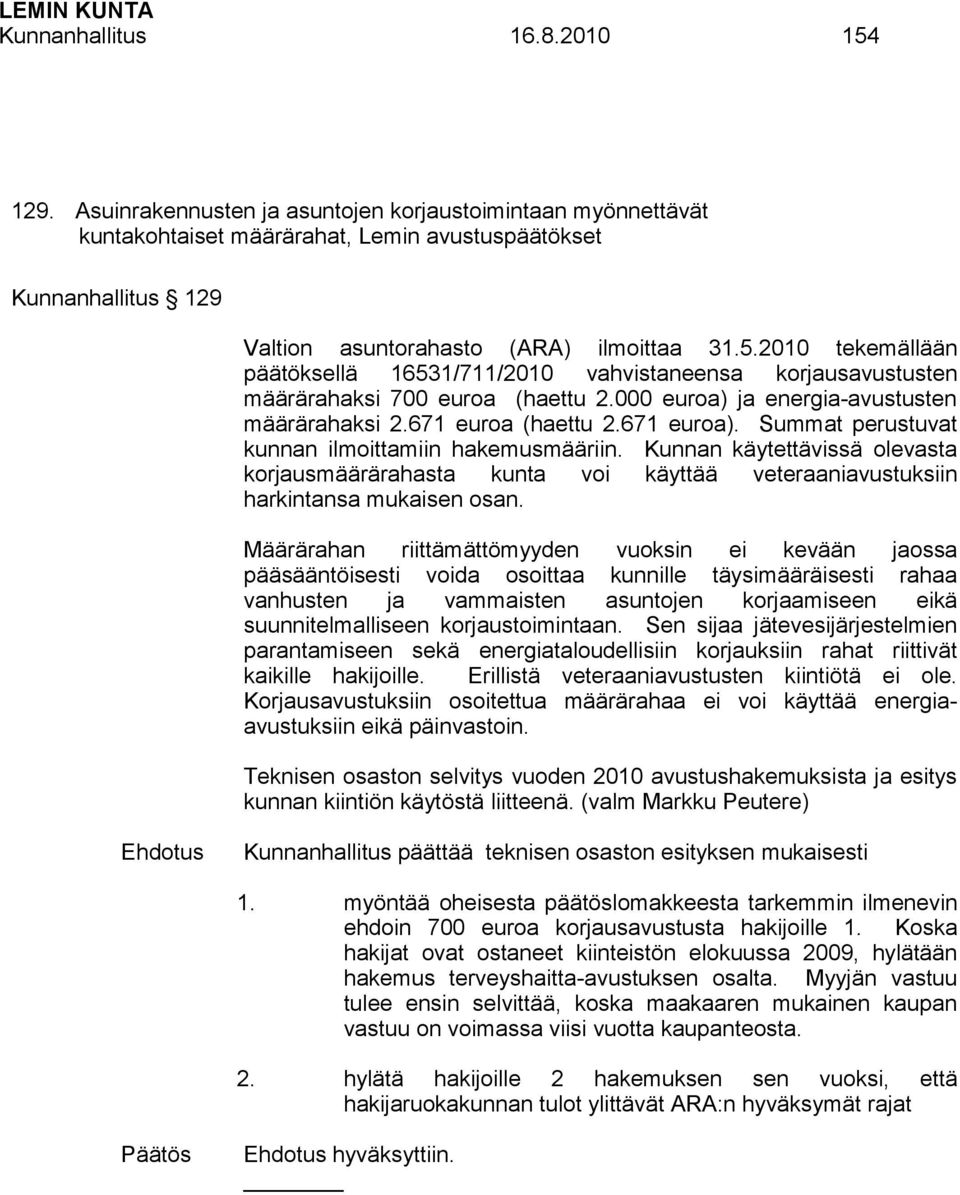 2010 tekemällään päätöksellä 16531/711/2010 vahvistaneensa korjausavustusten määrärahaksi 700 euroa (haettu 2.000 euroa) ja energia-avustusten määrärahaksi 2.671 euroa (haettu 2.671 euroa).