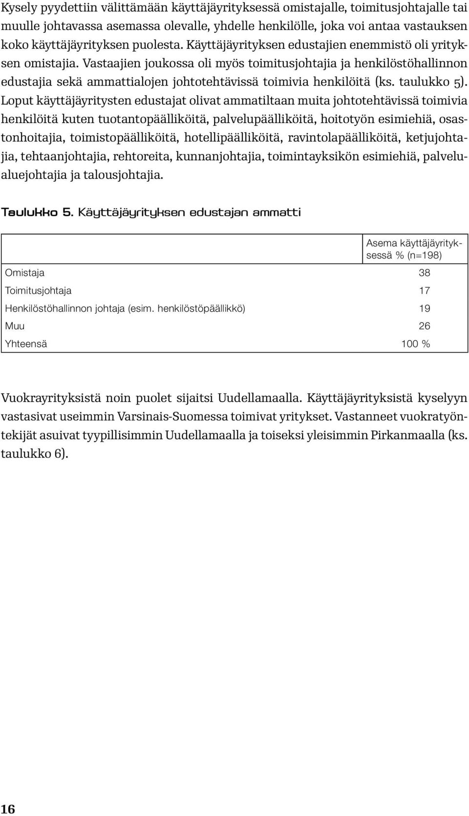 Vastaajien joukossa oli myös toimitusjohtajia ja henkilöstöhallinnon edustajia sekä ammattialojen johtotehtävissä toimivia henkilöitä (ks. taulukko 5).