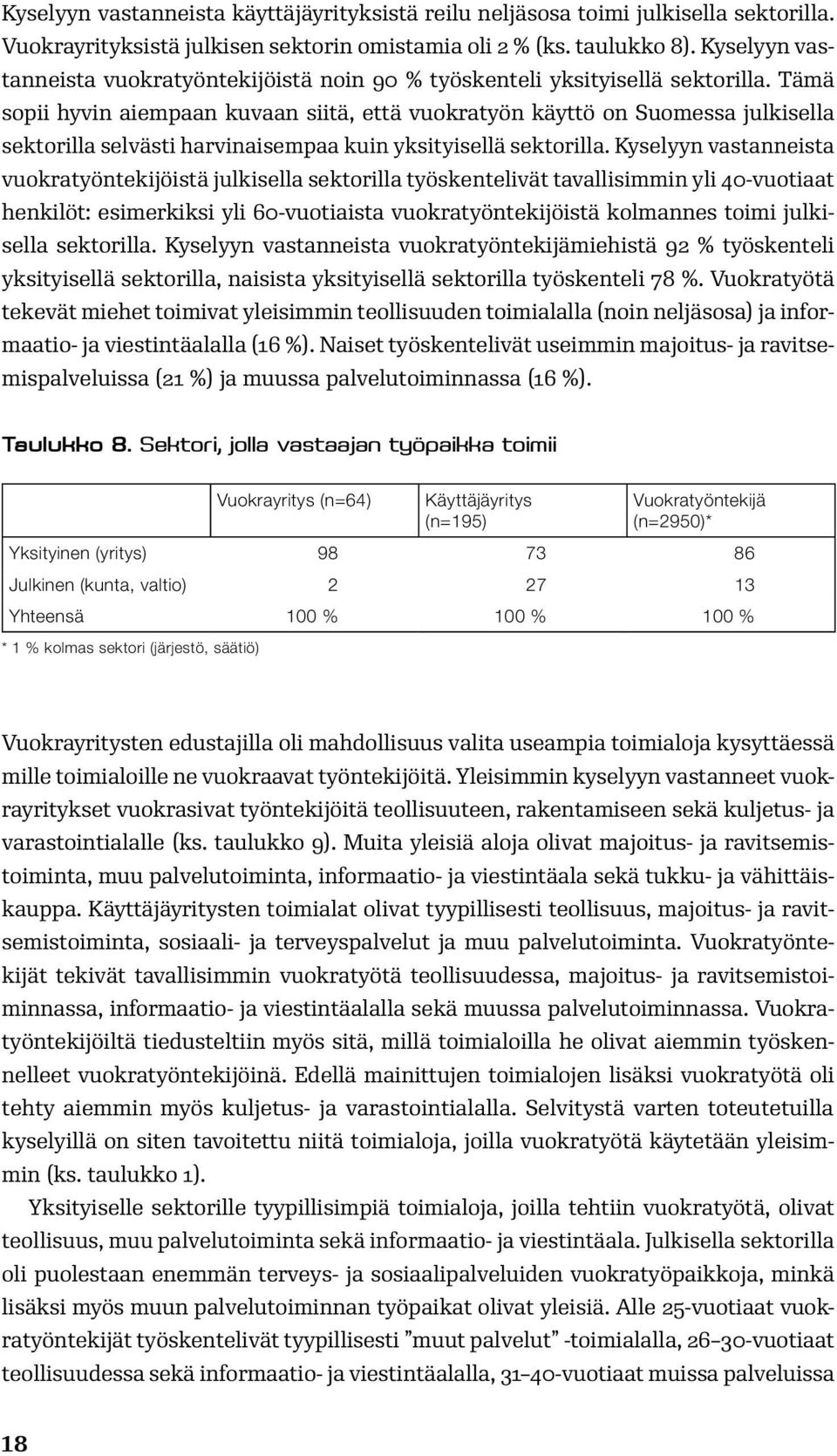 Tämä sopii hyvin aiempaan kuvaan siitä, että vuokratyön käyttö on Suomessa julkisella sektorilla selvästi harvinaisempaa kuin yksityisellä sektorilla.