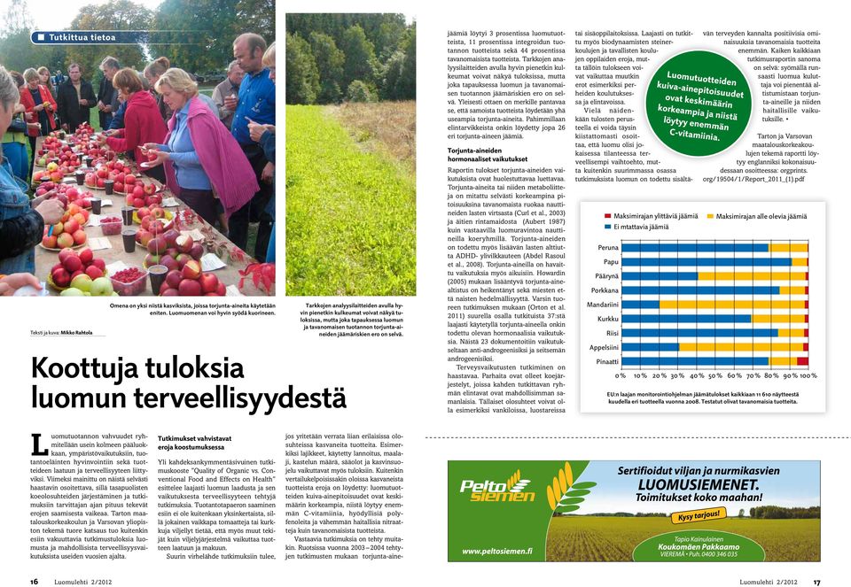 torjunta-aineiden jäämäriskien ero on selvä. jäämiä löytyi 3 prosentissa luomutuotteista, 11 prosentissa integroidun tuotannon tuotteista sekä 44 prosentissa tavanomaisista tuotteista.