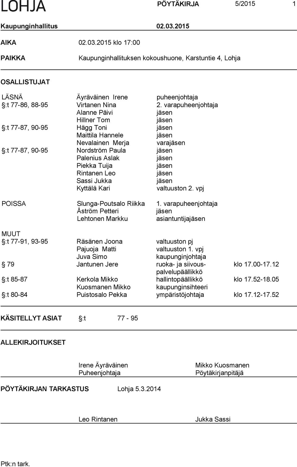 varapuheenjohtaja Alanne Päivi jäsen Hillner Tom jäsen :t 77-87, 90-95 Hägg Toni jäsen Maittila Hannele jäsen Nevalainen Merja varajäsen :t 77-87, 90-95 Nordström Paula jäsen Palenius Aslak jäsen