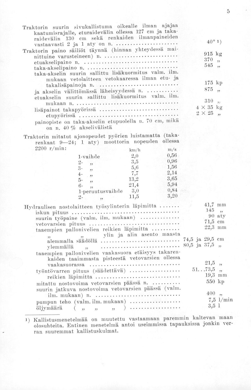 mukaan vetolaitteen vetokaaressa ilman etu- ja takalisäpainoja n. 40 1) 915 kg 370 545 175 kp ja akselin välittömässä läheisyydessä n.. 875 etuakselin suurin sallittu lisäkuormitus valm. ilm. mukaan n.