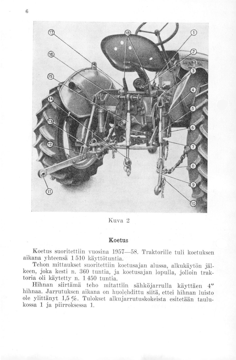 360 tuntia, ja koetusajan lopulla, jolloin traktoria oli käytetty n. 1 450 tuntia.