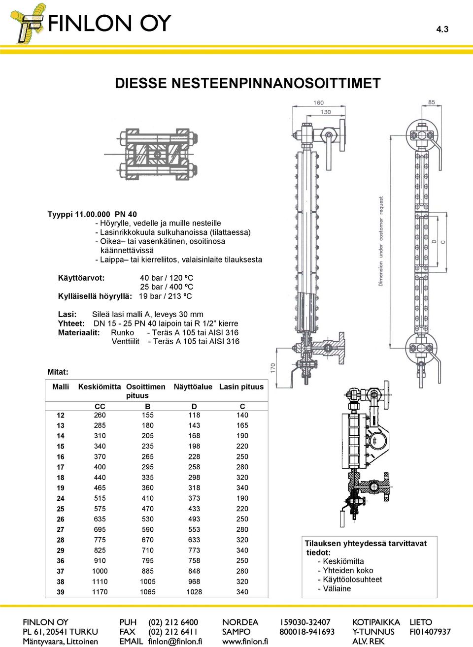 tilauksesta Käyttöarvot: 40 bar / 120 ºC 25 bar / 400 ºC Kylläisellä höyryllä: 19 bar / 213 ºC Lasi: Sileä lasi malli A, leveys 30 mm Yhteet: DN 15-25 PN 40 laipoin tai R 1/2 kierre Materiaalit: