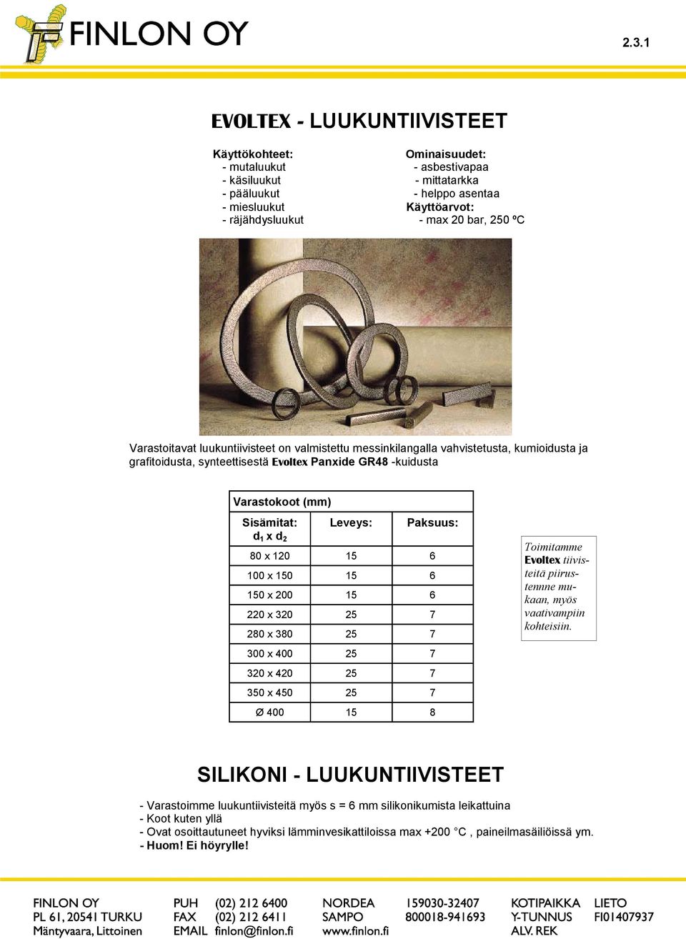 d 2 Leveys: Paksuus: 80 x 120 15 6 100 x 150 15 6 150 x 200 15 6 220 x 320 25 7 280 x 380 25 7 300 x 400 25 7 320 x 420 25 7 350 x 450 25 7 Ø 400 15 8 Toimitamme Evoltex tiivisteitä piirustennne