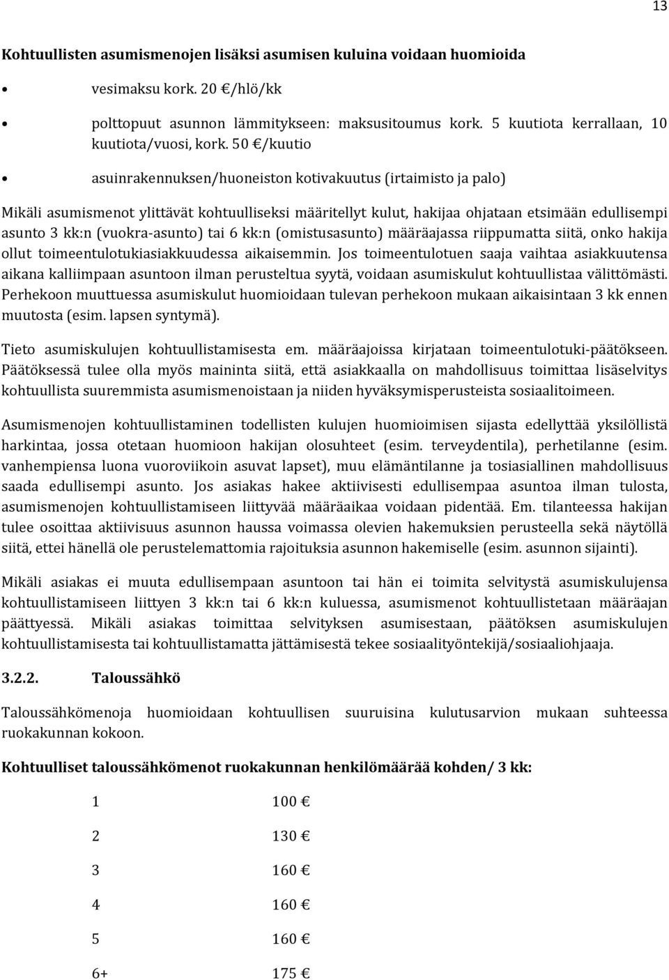 50 /kuutio asuinrakennuksen/huoneiston kotivakuutus (irtaimisto ja palo) Mikäli asumismenot ylittävät kohtuulliseksi määritellyt kulut, hakijaa ohjataan etsimään edullisempi asunto 3 kk:n