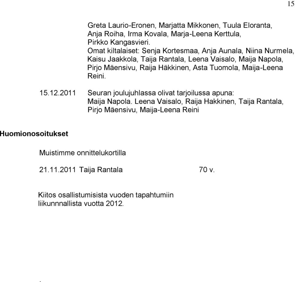 Häkkinen, Asta Tuomola, Maija-Leena Reini. 15.12.2011 Seuran joulujuhlassa olivat tarjoilussa apuna: Maija Napola.