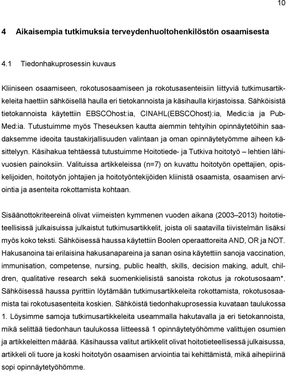 Sähköisistä tietokannoista käytettiin EBSCOhost:ia, CINAHL(EBSCOhost):ia, Medic:ia ja Pub- Med:ia.