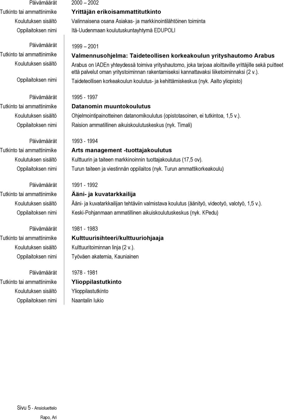 yritystoiminnan rakentamiseksi kannattavaksi liiketoiminnaksi (2 v.). Taideteollisen korkeakoulun koulutus- ja kehittämiskeskus (nyk.