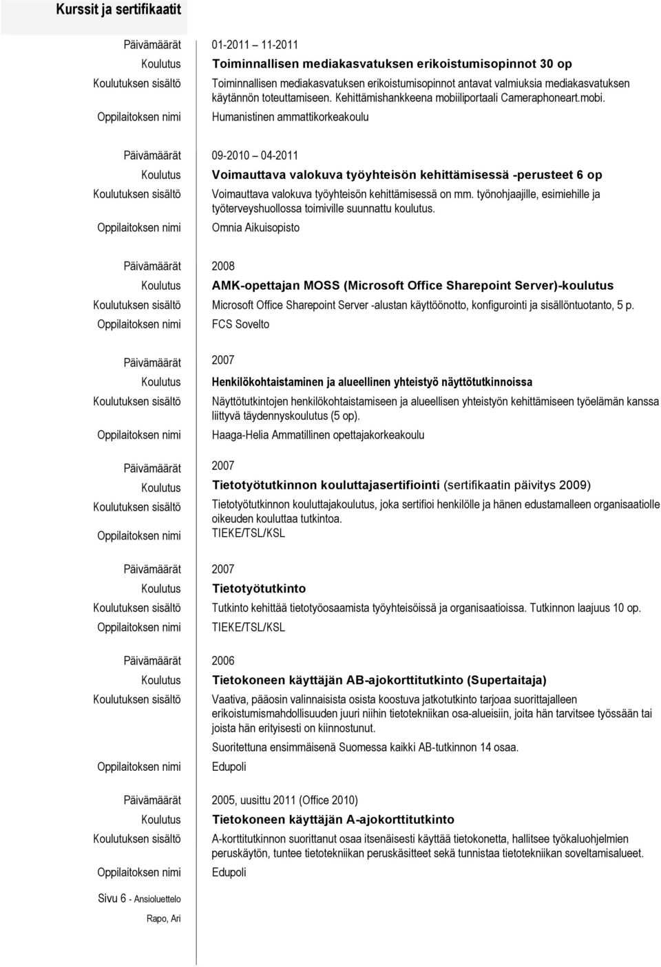 liportaali Cameraphoneart.mobi. Humanistinen ammattikorkeakoulu 09-2010 04-2011 Voimauttava valokuva työyhteisön kehittämisessä -perusteet 6 op Voimauttava valokuva työyhteisön kehittämisessä on mm.