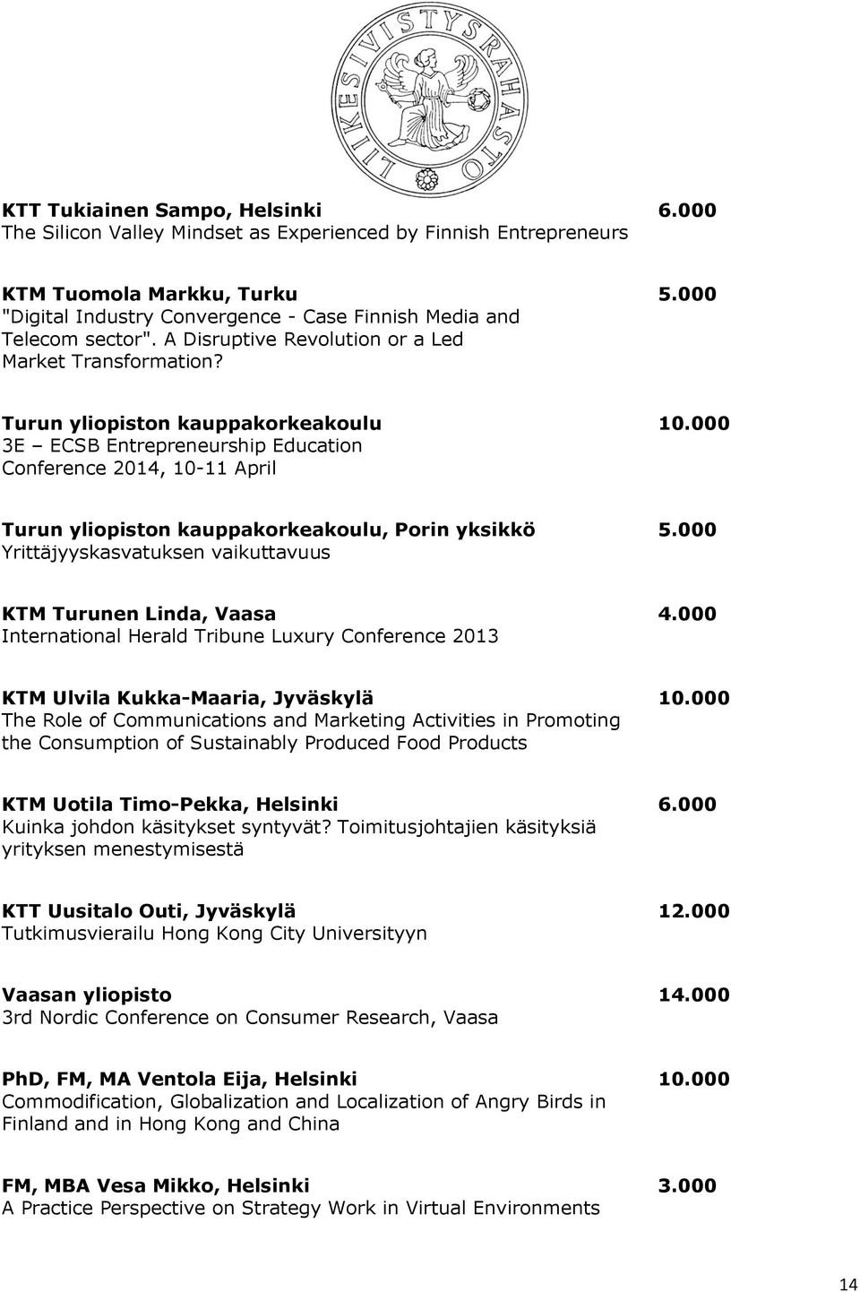 000 3E ECSB Entrepreneurship Education Conference 2014, 10-11 April Turun yliopiston kauppakorkeakoulu, Porin yksikkö 5.000 Yrittäjyyskasvatuksen vaikuttavuus KTM Turunen Linda, Vaasa 4.
