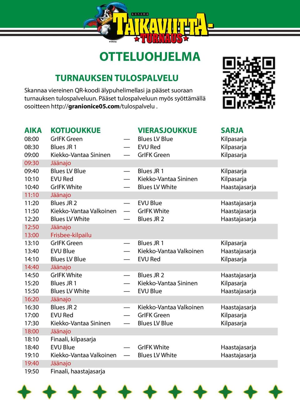 AIKA KOTIJOUKKUE VIERASJOUKKUE SARJA 08:00 GrIFK Green Blues LV Blue Kilpasarja 08:30 Blues JR 1 EVU Red Kilpasarja 09:00 Kiekko-Vantaa Sininen GrIFK Green Kilpasarja 09:30 Jäänajo 09:40 Blues LV