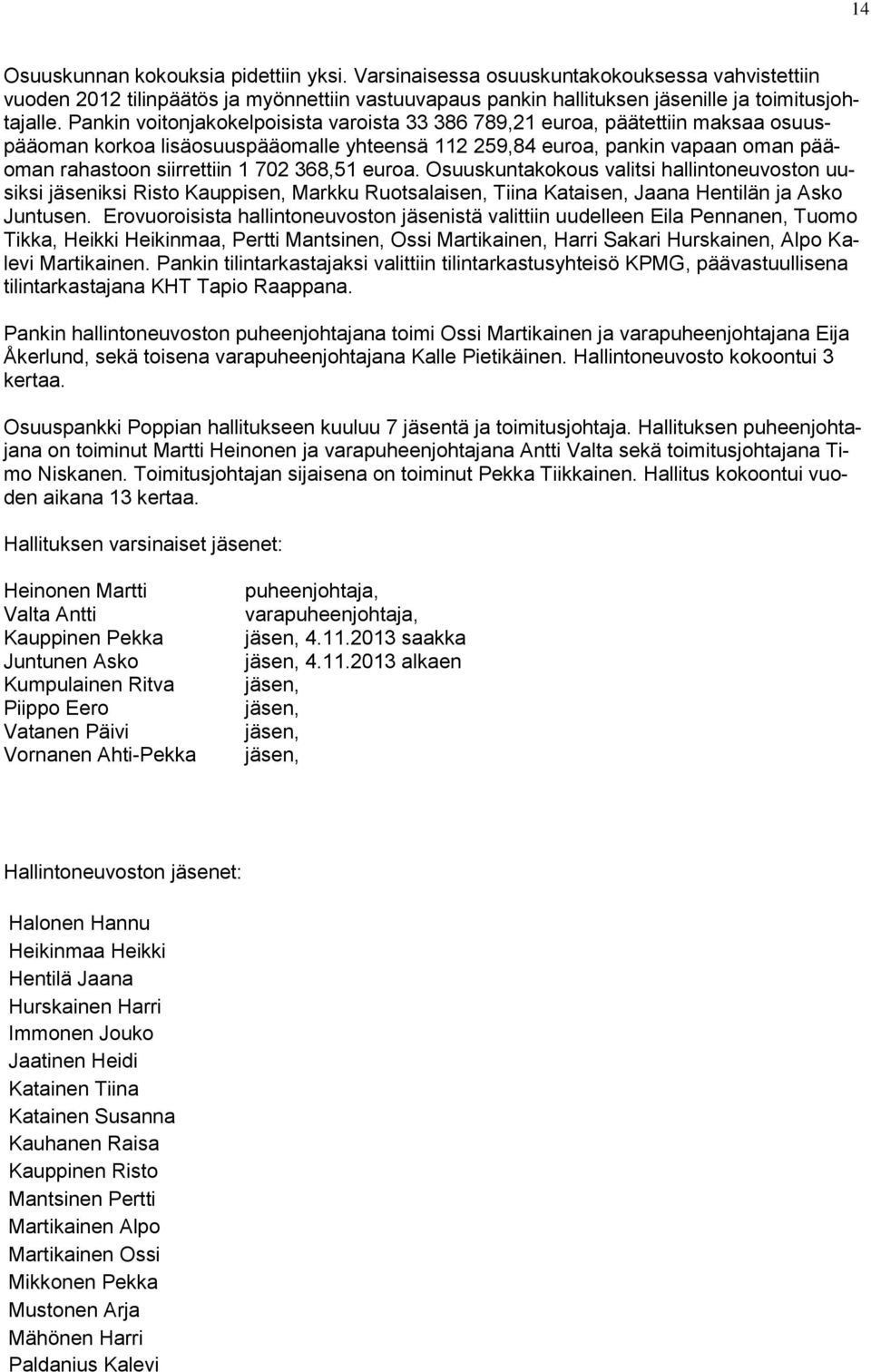 368,51 euroa. Osuuskuntakokous valitsi hallintoneuvoston uusiksi jäseniksi Risto Kauppisen, Markku Ruotsalaisen, Tiina Kataisen, Jaana Hentilän ja Asko Juntusen.