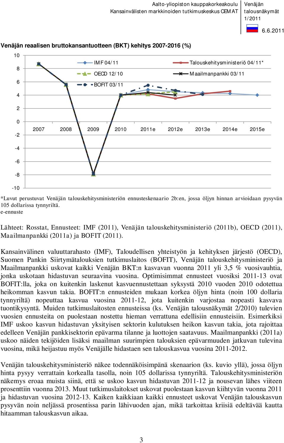 tynnyriltä. e-ennuste Lähteet: Rosstat, Ennusteet: IMF (2011), Venäjän talouskehitysministeriö (2011b), OECD (2011), Maailmanpankki (2011a) ja BOFIT (2011).