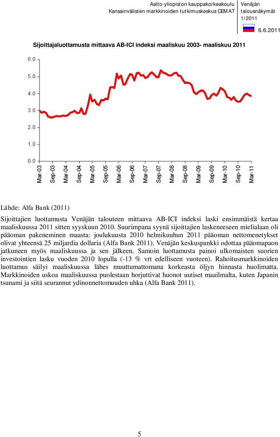 Suurimpana syynä sijoittajien laskeneeseen mielialaan oli pääoman pakeneminen maasta: joulukuusta 2010 helmikuuhun 2011 pääoman nettomenetykset olivat yhteensä 25 miljardia dollaria (Alfa Bank 2011).