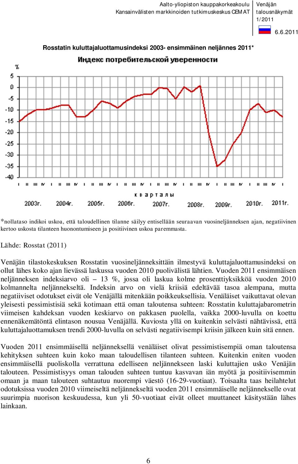 Lähde: Rosstat (2011) Venäjän tilastokeskuksen Rosstatin vuosineljänneksittäin ilmestyvä kuluttajaluottamusindeksi on ollut lähes koko ajan lievässä laskussa vuoden 2010 puolivälistä lähtien.
