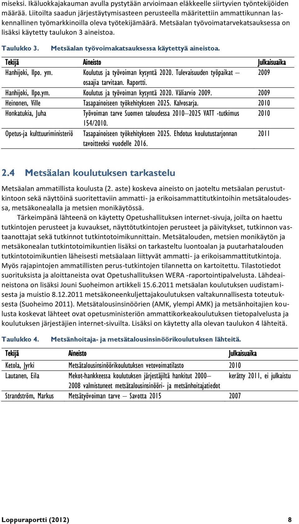 Metsäalan työvoimatarvekatsauksessa on lisäksi käytetty taulukon 3 aineistoa. Taulukko 3. Metsäalan työvoimakatsauksessa käytettyä aineistoa. Tekijä Aineisto Julkaisuaika Hanhijoki, Ilpo. ym.