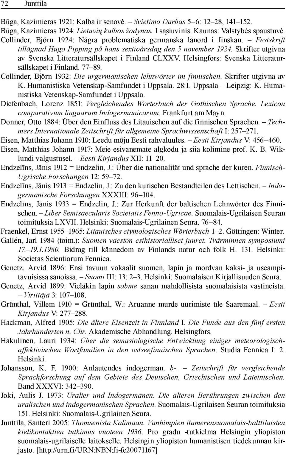 Skrifter utgivna av Svenska Litteratursällskapet i Finland CLXXV. Helsingfors: Svenska Litteratursällskapet i Finland. 77 89. Collinder, Björn 1932: Die urgermanischen lehnwörter im finnischen.