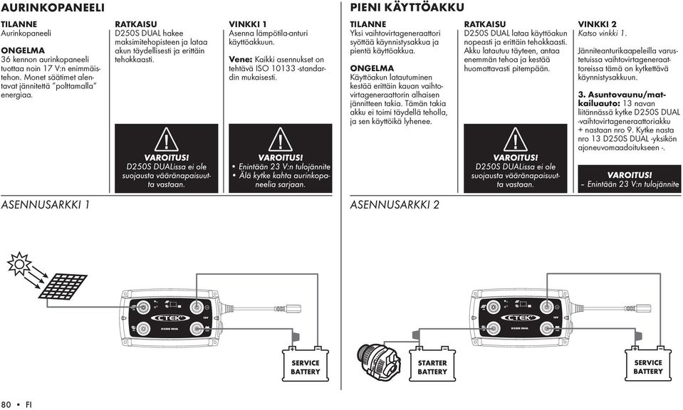 Vene: Kaikki asennukset on tehtävä ISO 10133 -standardin mukaisesti. TILANNE Yksi vaihtovirtageneraattori syöttää käynnistysakkua ja pientä käyttöakkua.