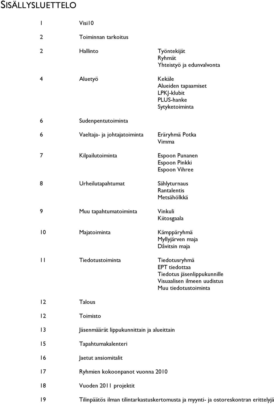 Vinkuli Kiitosgaala 10 Majatoiminta Kämppäryhmä Myllyjärven maja Dåvitsin maja 11 Tiedotustoiminta Tiedotusryhmä EPT tiedottaa Tiedotus jäsenlippukunnille Visuaalisen ilmeen uudistus Muu