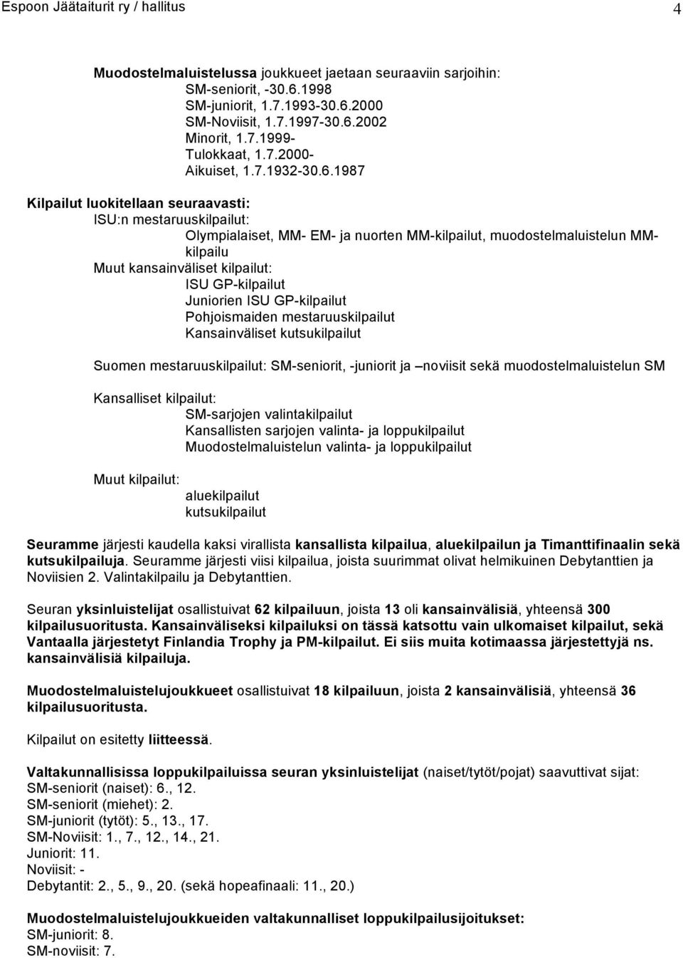 1987 Kilpailut luokitellaan seuraavasti: ISU:n mestarukilpailut: Olympialaiset, MM- EM- ja nuorten MM-kilpailut, muodostelmaluistelun MMkilpailu Muut kansainväliset kilpailut: ISU GP-kilpailut