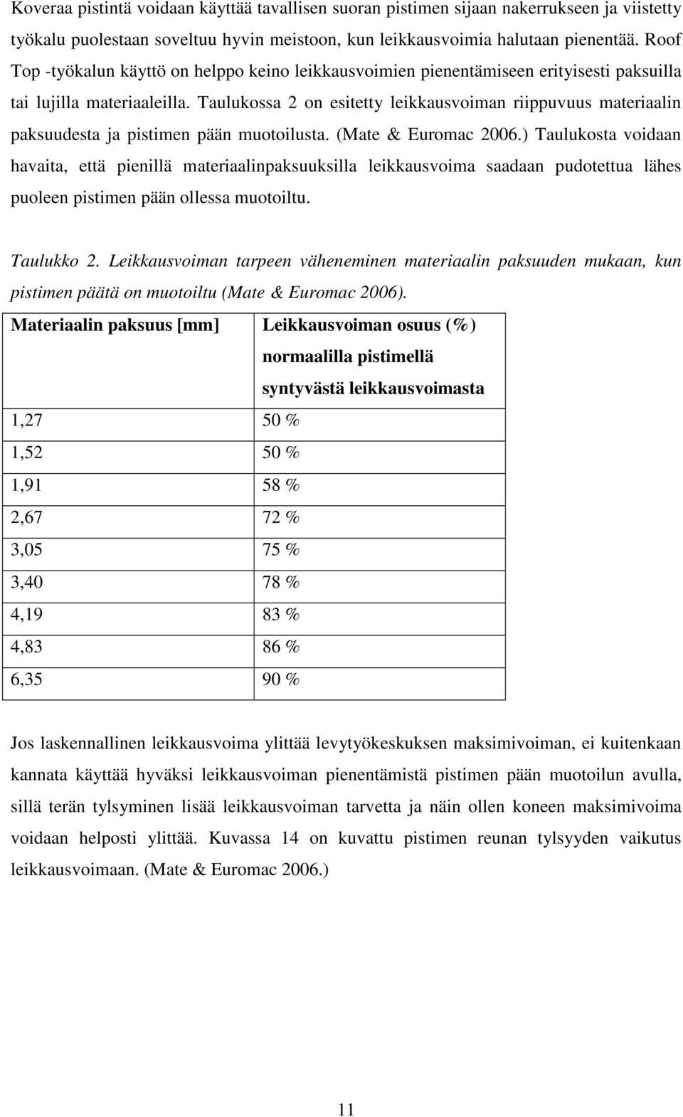 Taulukossa 2 on esitetty leikkausvoiman riippuvuus materiaalin paksuudesta ja pistimen pään muotoilusta. (Mate & Euromac 2006.