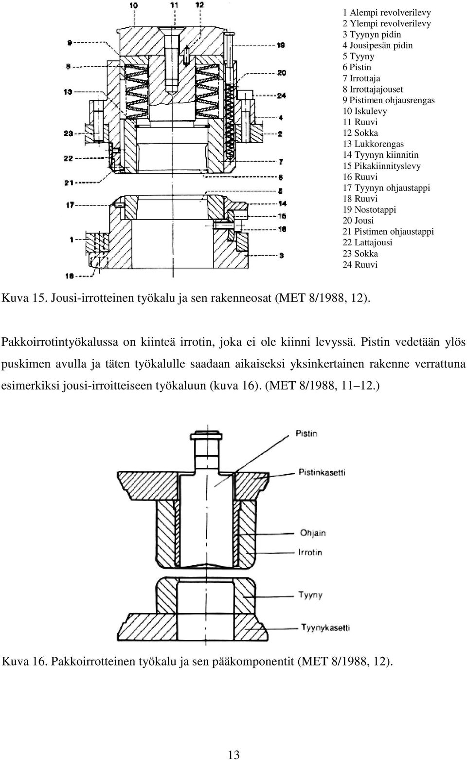 Jousi-irrotteinen työkalu ja sen rakenneosat (MET 8/1988, 12). Pakkoirrotintyökalussa on kiinteä irrotin, joka ei ole kiinni levyssä.