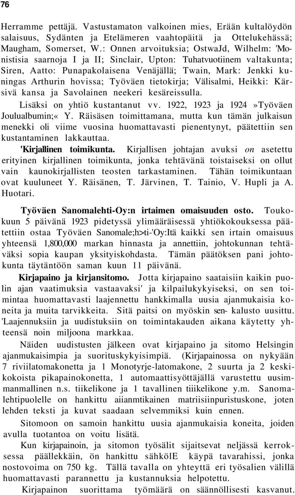 hovissa; Työväen tietokirja; Välisalmi, Heikki: Kärsivä kansa ja Savolainen neekeri kesäreissulla. Lisäksi on yhtiö kustantanut vv. 1922, 1923 ja 1924»Työväen Joulualbumin;«Y.