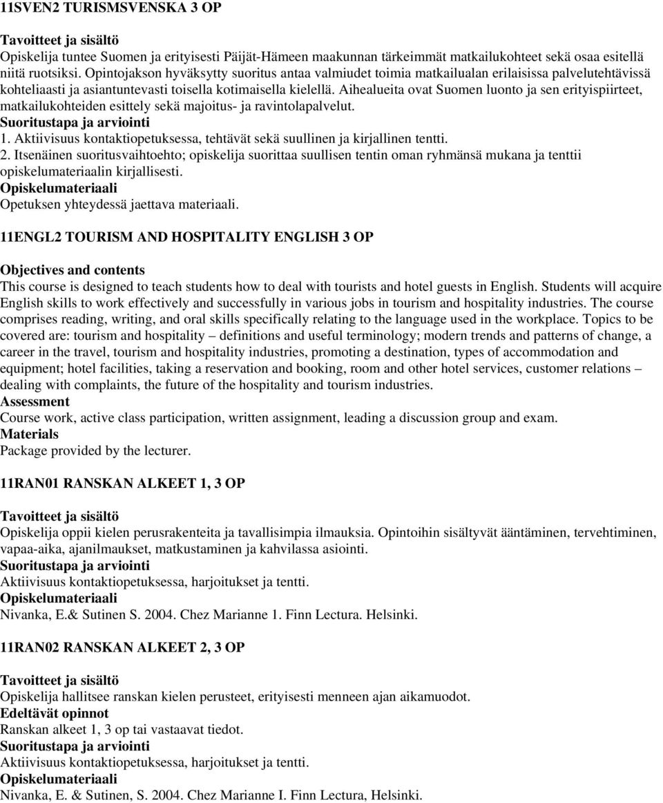 Aihealueita ovat Suomen luonto ja sen erityispiirteet, matkailukohteiden esittely sekä majoitus- ja ravintolapalvelut. 1.