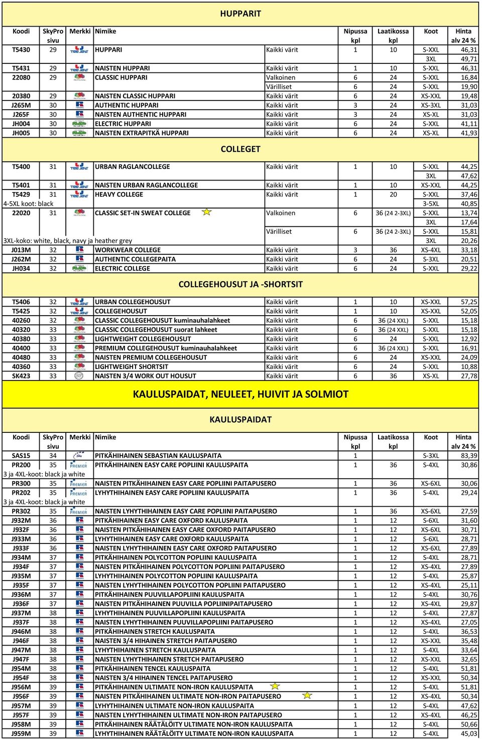 NAISTEN AUTHENTIC HUPPARI Kaikki värit 3 24 XS-XL 31,03 JH004 30 ELECTRIC HUPPARI Kaikki värit 6 24 S-XXL 41,11 JH005 30 NAISTEN EXTRAPITKÄ HUPPARI Kaikki värit 6 24 XS-XL 41,93 COLLEGET T5400 31