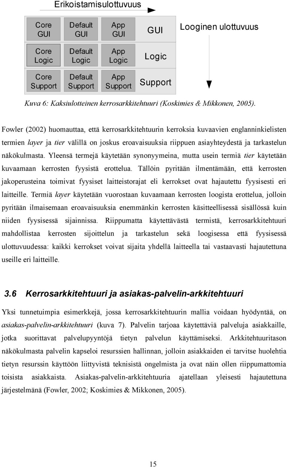 Fowler (2002) huomauttaa, että kerrosarkkitehtuurin kerroksia kuvaavien englanninkielisten termien layer ja tier välillä on joskus eroavaisuuksia riippuen asiayhteydestä ja tarkastelun näkökulmasta.