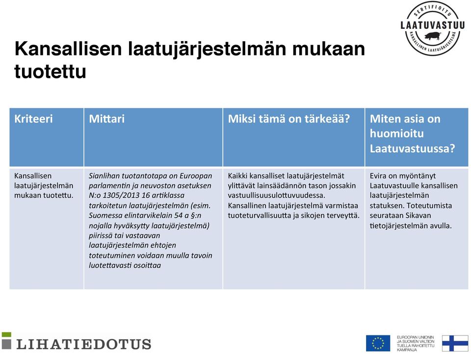 Suomessa elintarvikelain 54 a :n nojalla hyväksy2y laatujärjestelmä) piirissä tai vastaavan laatujärjestelmän ehtojen toteutuminen voidaan muulla tavoin luote2avas.