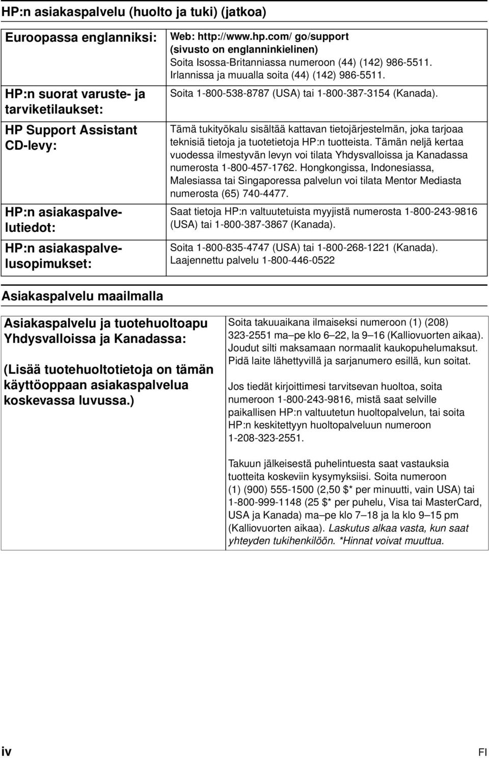 Soita 1-800-538-8787 (USA) tai 1-800-387-3154 (Kanada). Tämä tukityökalu sisältää kattavan tietojärjestelmän, joka tarjoaa teknisiä tietoja ja tuotetietoja HP:n tuotteista.