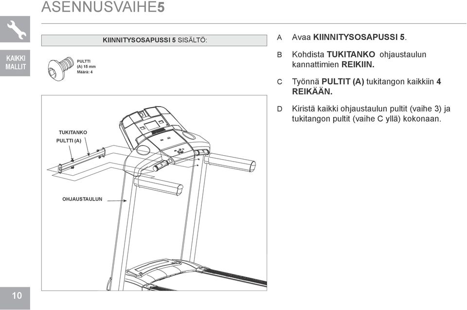 reikiin. C Työnnä pultit (a) tukitangon kaikkiin 4 reikään.