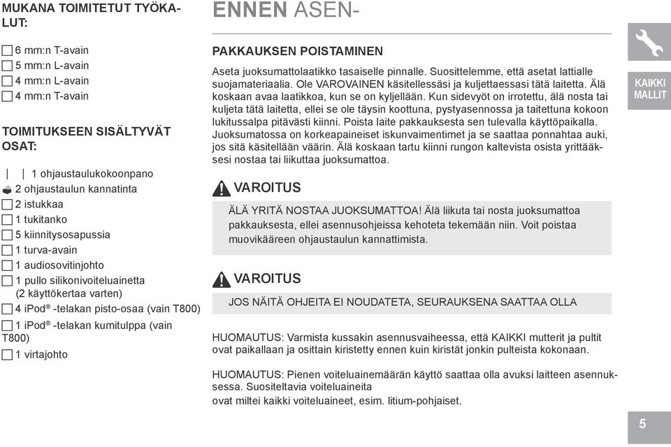 ipod -telakan kumitulppa (vain T800) 1 virtajohto ENNEN ASEN- PAKKAUKSEN POISTAMINEN Aseta juoksumattolaatikko tasaiselle pinnalle. Suosittelemme, että asetat lattialle suojamateriaalia.