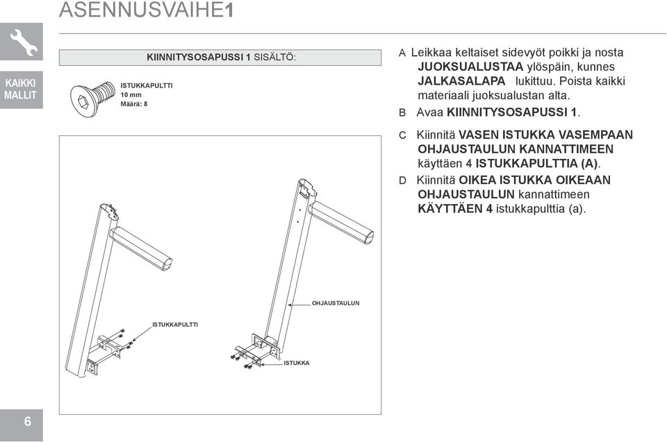 B Avaa kiinnitysosapussi 1. C Kiinnitä vasen istukka vasempaan ohjaustaulun kannattimeen käyttäen 4 istukkapulttia (a).