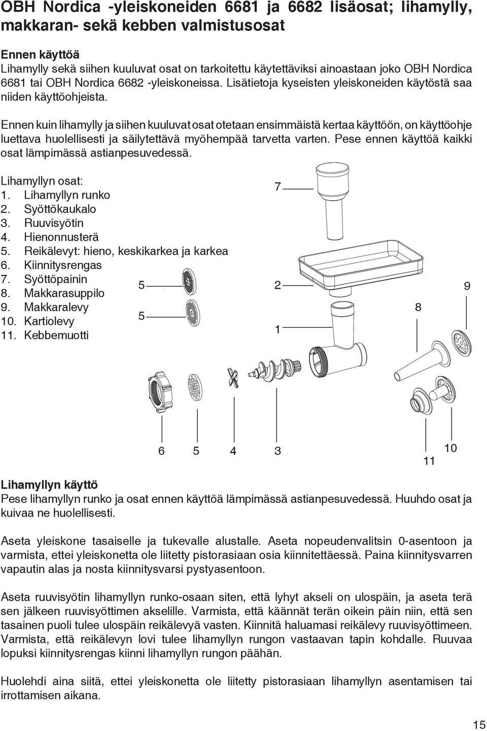 Ennen kuin lihamylly ja siihen kuuluvat osat otetaan ensimmäistä kertaa käyttöön, on käyttöohje luettava huolellisesti ja säilytettävä myöhempää tarvetta varten.