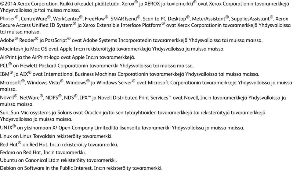 Corporationin tavaramerkkejä Yhdysvalloissa tai muissa maissa. Adobe Reader ja PostScript ovat Adobe Systems Incorporatedin tavaramerkkejä Yhdysvalloissa tai muissa maissa.