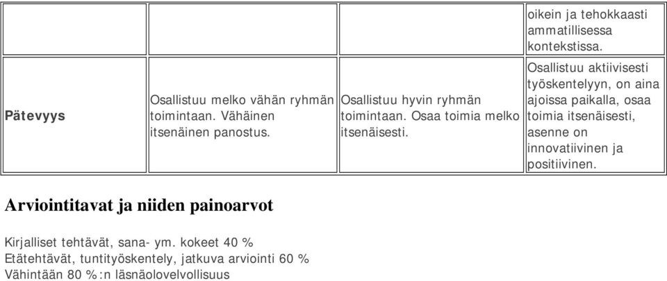 Osallistuu aktiivisesti työskentelyyn, on aina ajoissa paikalla, osaa toimia itsenäisesti, asenne on innovatiivinen ja