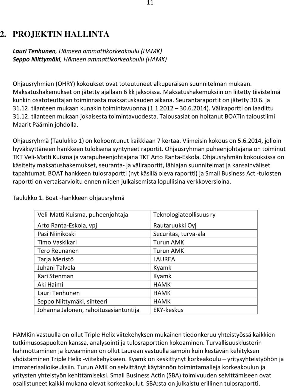 12. tilanteen mukaan kunakin toimintavuonna (1.1.2012 30.6.2014). Väliraportti on laadittu 31.12. tilanteen mukaan jokaisesta toimintavuodesta.