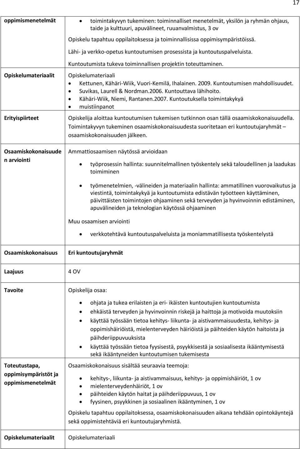 Erityispiirteet Osaamiskokonaisuude n Opiskelumateriaali Kettunen, Kähäri-Wiik, Vuori-Kemilä, Ihalainen. 2009. Kuntoutumisen mahdollisuudet. Suvikas, Laurell & Nordman.2006. Kuntouttava lähihoito.