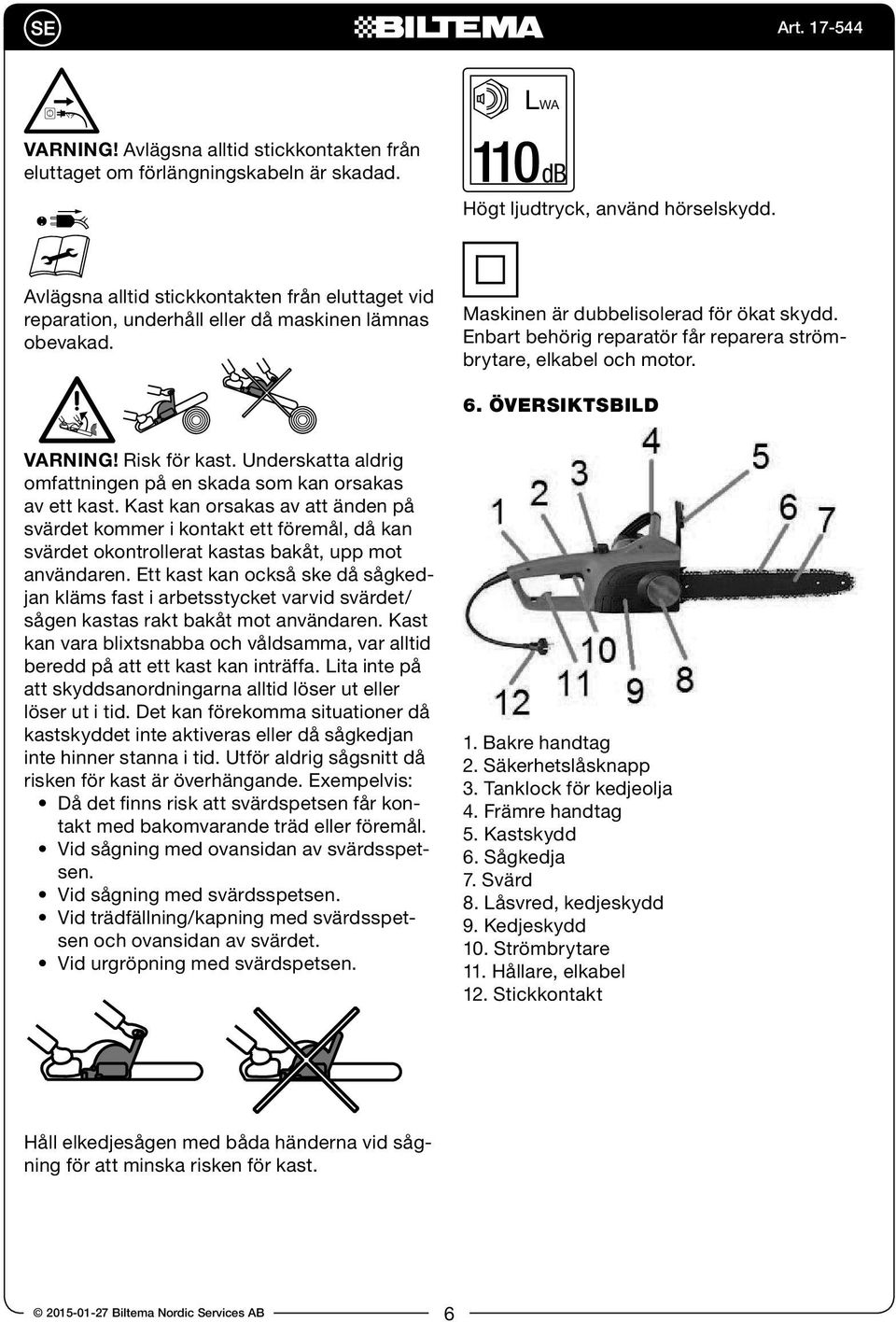 Enbart behörig reparatör får reparera strömbrytare, elkabel och motor. 6. ÖVERSIKTSBILD 406 VARNING! Risk för kast. Underskatta aldrig omfattningen på en skada som kan orsakas av ett kast.